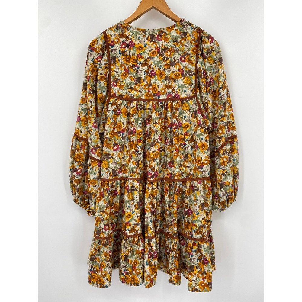 Kourt Floral Tiered Mini Dress Small Yellow Brown Boho Long Sleeve - Picture 3 of 5
